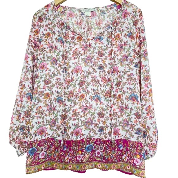 Lucky Brand Tunic Peasant Top | Sheer Pink Floral Bohemian Blouse | Size: S - Picture 1 of 12
